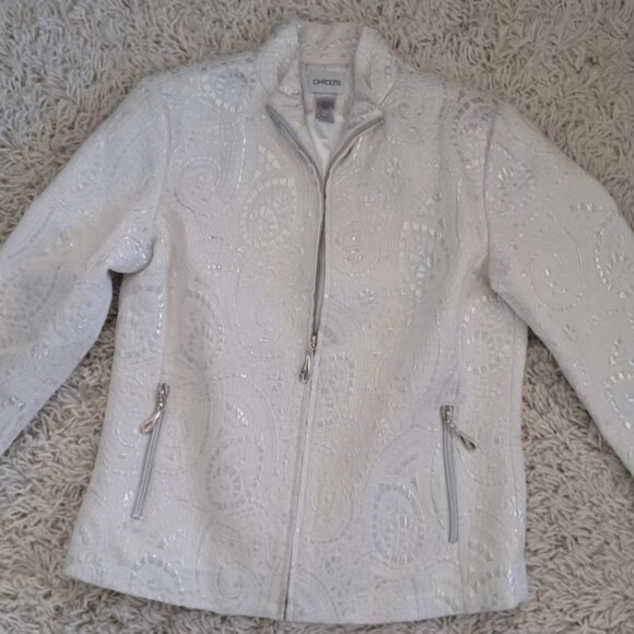 Chico’s Women’s 0 4/6 Metallic Paisley Brocade Moto Jacket Silver Ivory Pockets - Picture 2 of 8